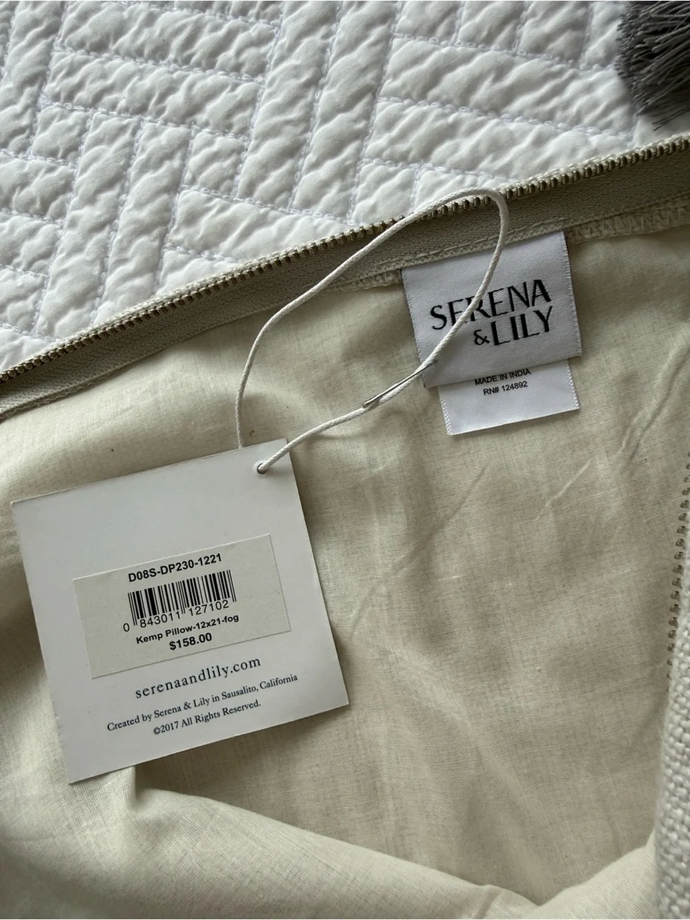 Serena & Lily Cream Lumbar Pillow Case Gray Floral Embroidery Tassels Size 12x21